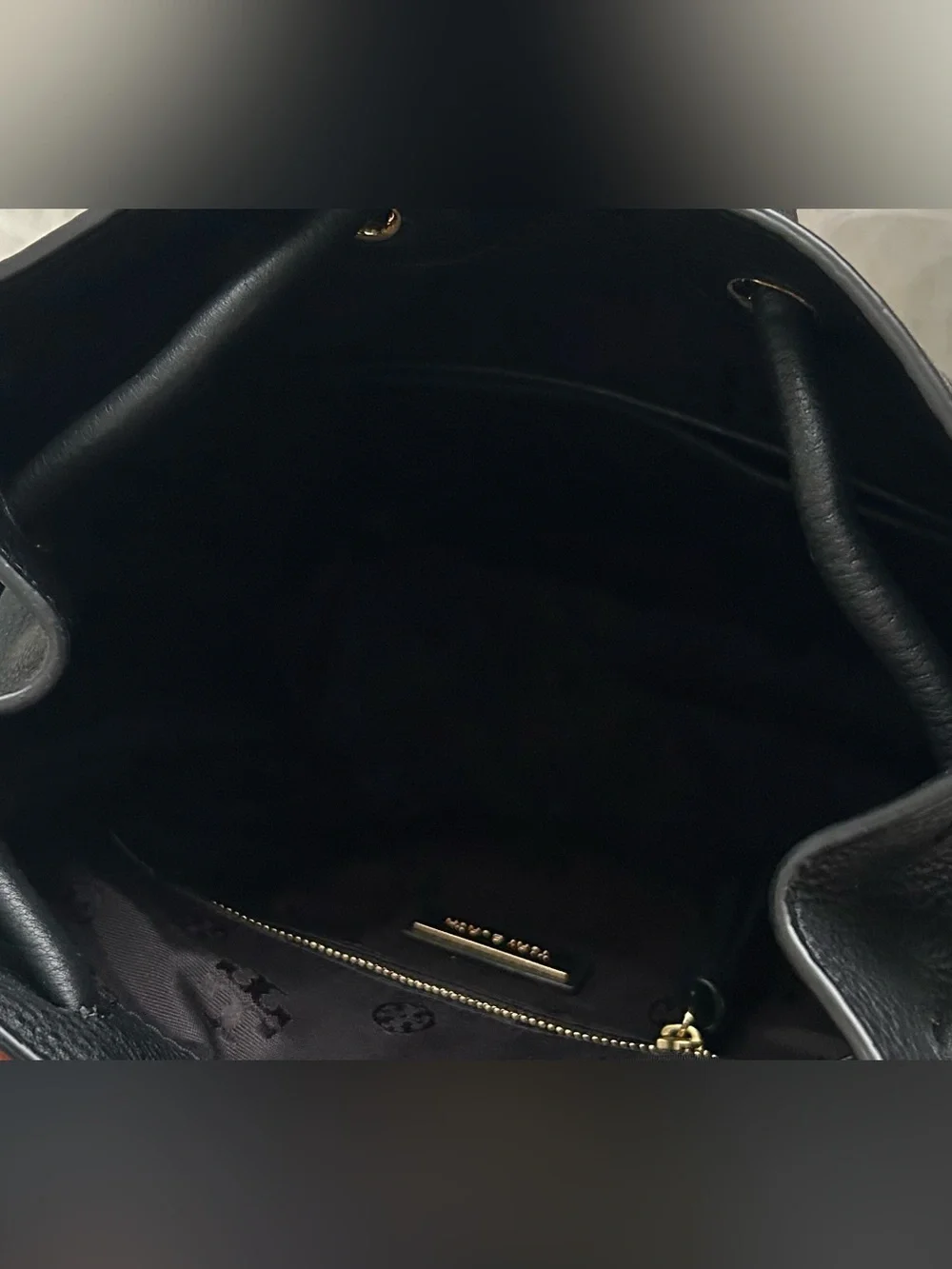 Tory Burch Black Leather Backpack Gold Logo Pebbled Convertible Bag